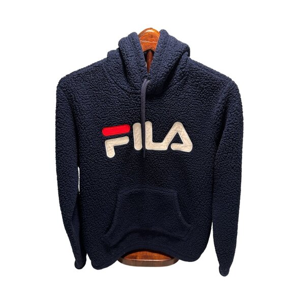 Women's Fila Sherpa Hoodie Fleece Hoody Sweatshirt Jacket Blue Navy Size Small - Picture 2 of 6